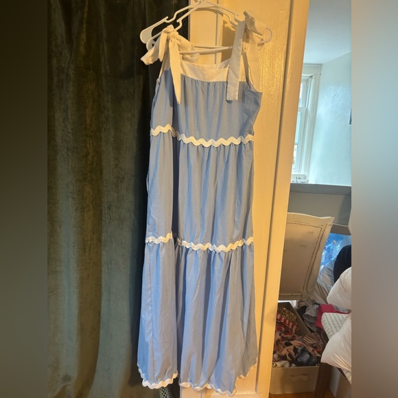 Merokeety Dresses & Skirts - Light Blue Maxi Dress with White Trim - Tie Shoulder Summer Dress